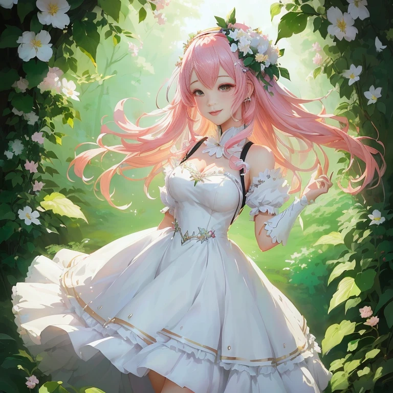 anime girl in a white dress with pink hair and a flower crown,  in dress, cute anime waifu in a nice dress, a maid in a magical forest, guweiz on pixiv artstation, cushart krenz key art feminine, smiling as a queen of fairies, guweiz on artstation pixiv, splash art anime 