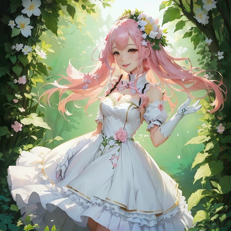 anime girl in a white dress with pink hair and a flower crown, in dress, cute anime waifu in a nice dress, a maid in a magical forest, guweiz on pixiv artstation, cushart krenz key art feminine, smiling as a queen of fairies, guweiz on artstation pixiv, splash art anime