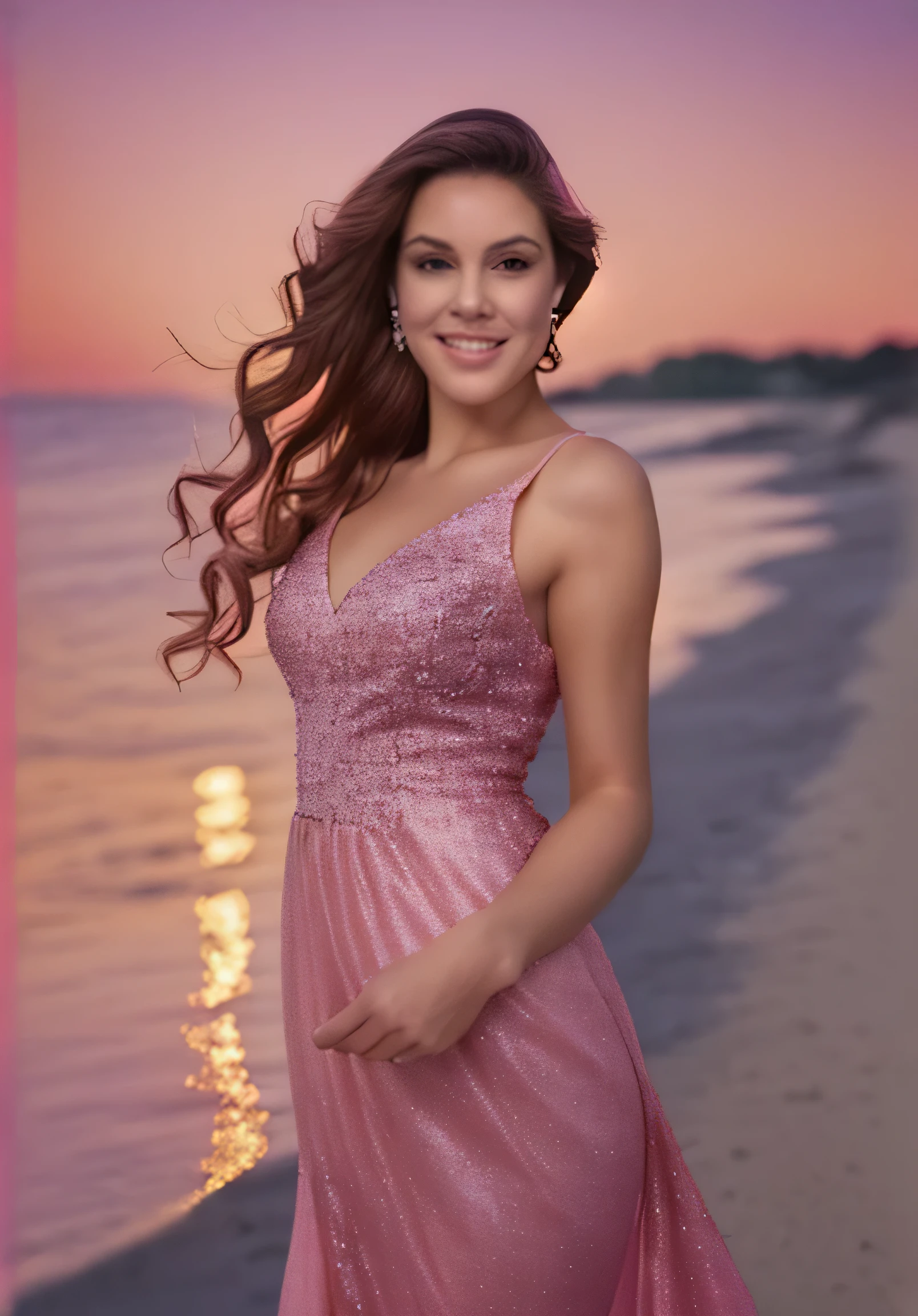 arafed woman in a pink dress on the beach at sunset, rose gold hour, dressed in a pink dress, pink glitter mermaid dress, wearing a pink ball gown, pink dress, wearing a pink dress, beautiful woman, wearing a magnificent dress, Catarina, brilliant pink ball gown, during sunset, wearing pink floral dress, stunning woman, wearing a wonderful dress