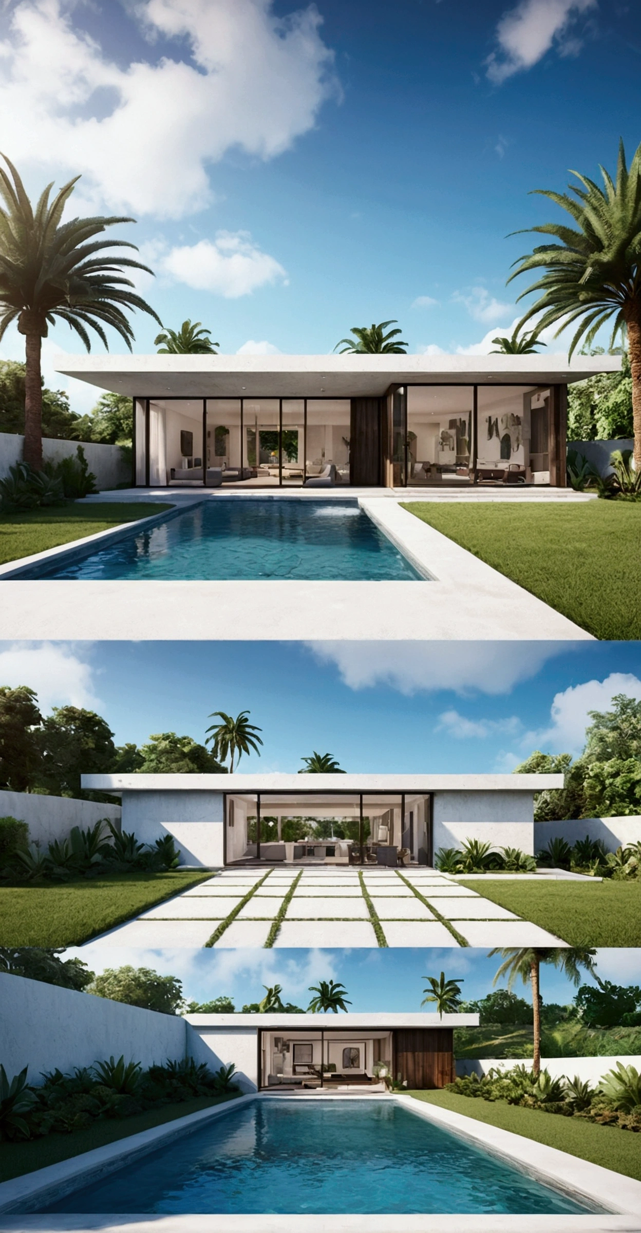 Create a highly detailed, photorealistic depiction of a single-story modern house. Show the imposing front facade with a glass door, concrete walls, and a white wood facade. Include palm trees and plants around the house, with a beautiful sky in the background. Additionally, depict the backyard area with a swimming pool. Ensure both perspectives are shown in 8K quality with sharp focus.