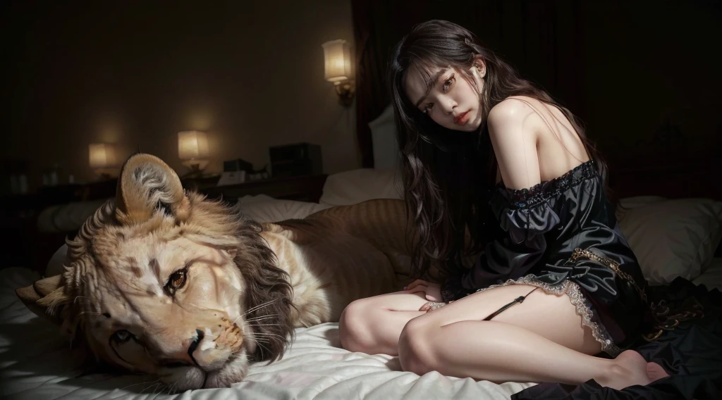 araffe sitting on a bed in a victorian dress  with a lying lion , trending at cgstation, ruan jia and artgerm, by Yang J, gorgeous goddess of leo, attractive cat girl, realistic. cheng yi, iu lee ji-eun as a super villain, xianxia fantasy, inspired by Chen Yifei