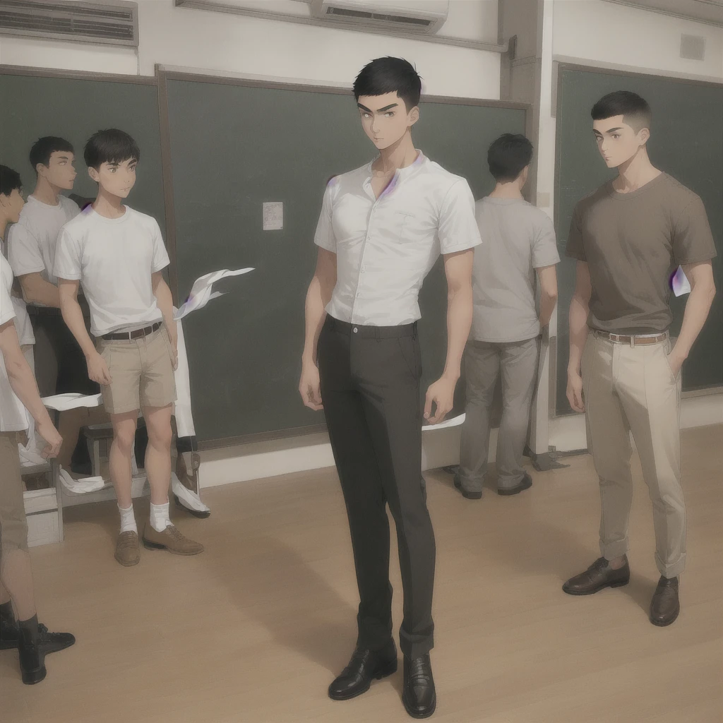 Male Asian young adult , short spikey hair , brown lazy eyes, sharp eyebrow, thin nose, good looking ,brown hair, tan skin, broad shoulders, lean, tall, fitted white school shirt with rolled sleeves, light grey school pants, black clarks, cool guy , full body view