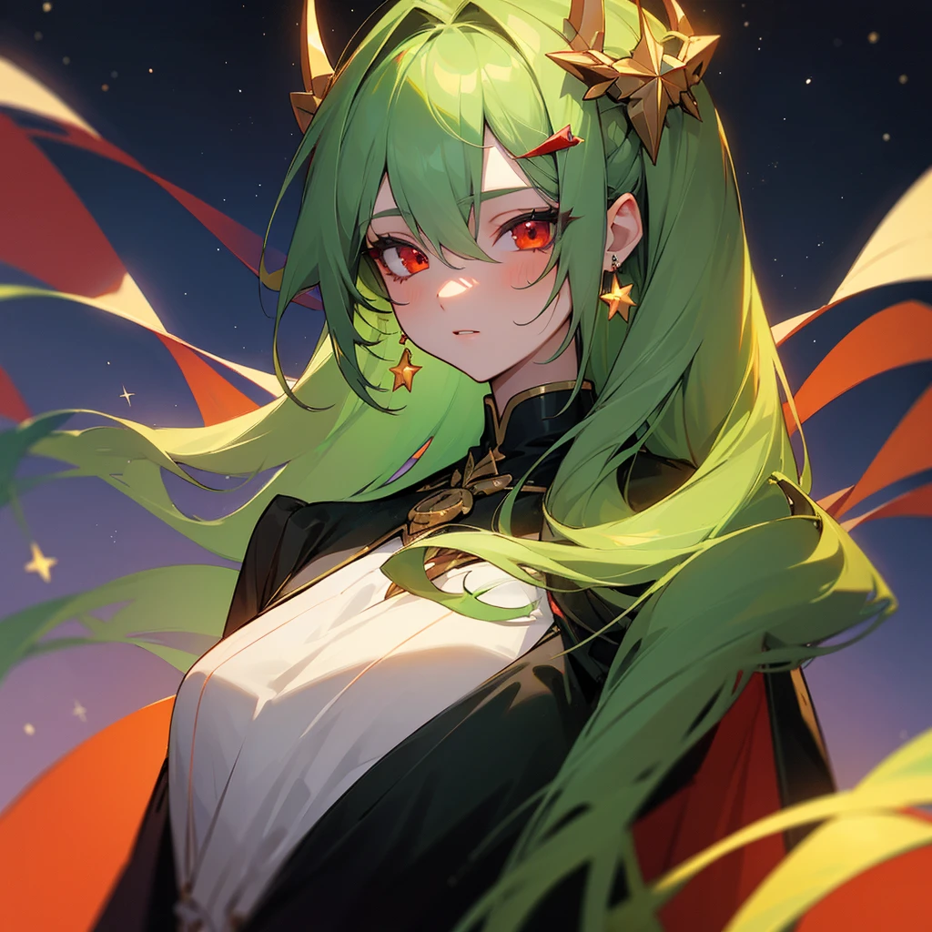 (masterpiece, best quality:1.2),solo,1girl,averting_eyes,earrings,hair_between_eyes,hair_ornament,jewelry,long_hair, earrings, Green_Hair, Red_Eyes, Pretty_Girl, Stars, full_body.