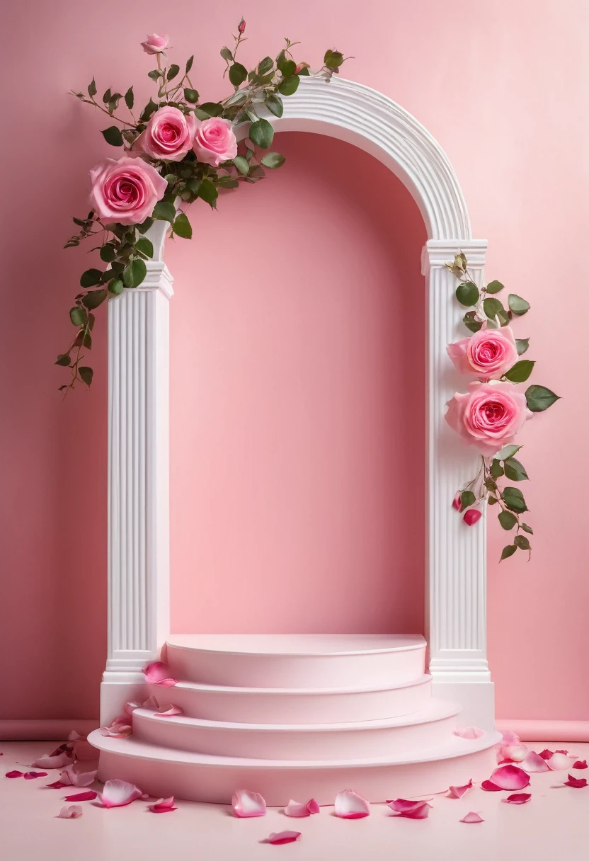 plastic podium, pink delicate
background, rose petals, airy
and clean backgroun