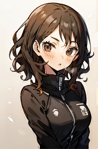 make me a picture: panel de comics haikyuu, 18 year old girl, slightly curly hair, long and brown, honey-colored eyes wearing the nekoma uniform