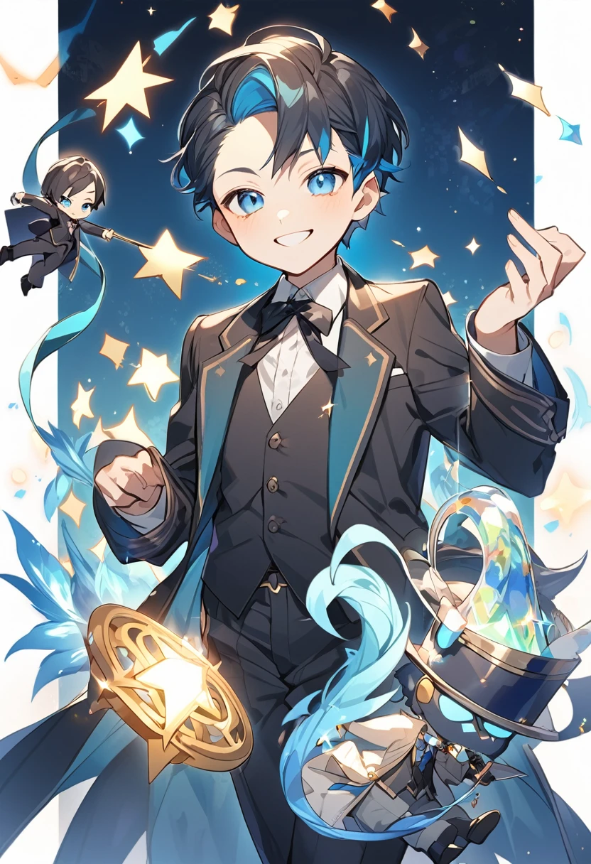 Galan, eleven year old boy, black fur, blue eyes. black suit. smile, he is a magician