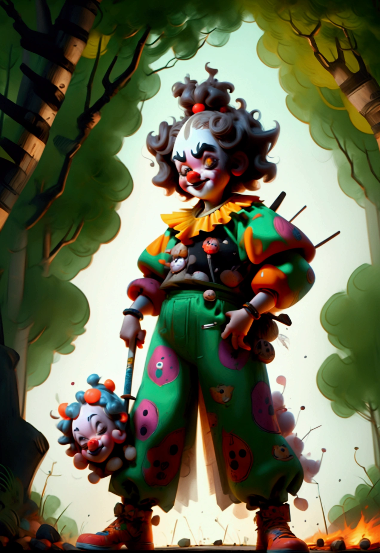 3 crazy mean clowns holding pitchforks, garbage pail kids style)), in the woods, 3d cartoon, high quality, detailed,