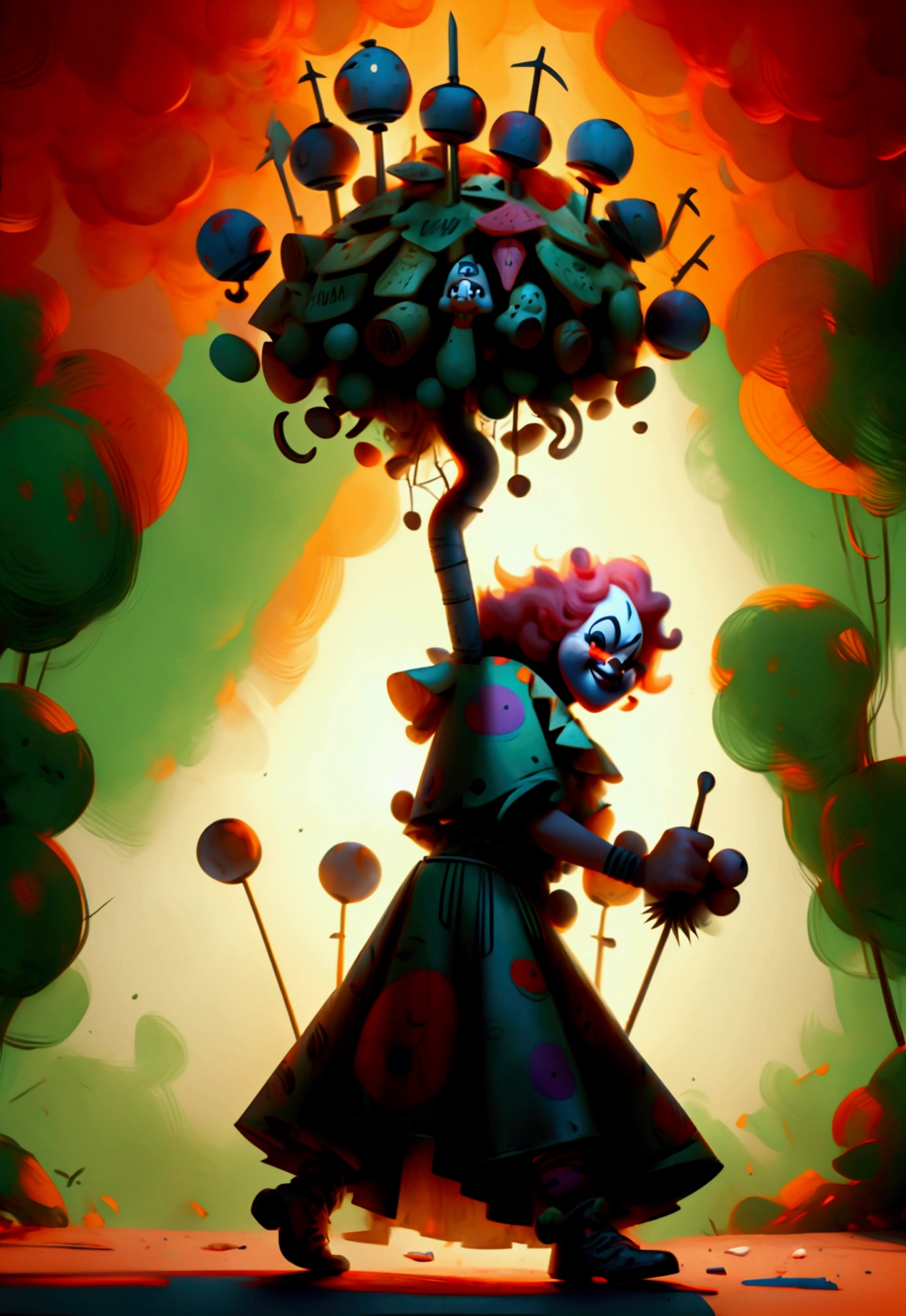 3 crazy mean clowns holding pitchforks, garbage pail kids style)), in the woods, 3d cartoon, high quality, detailed,