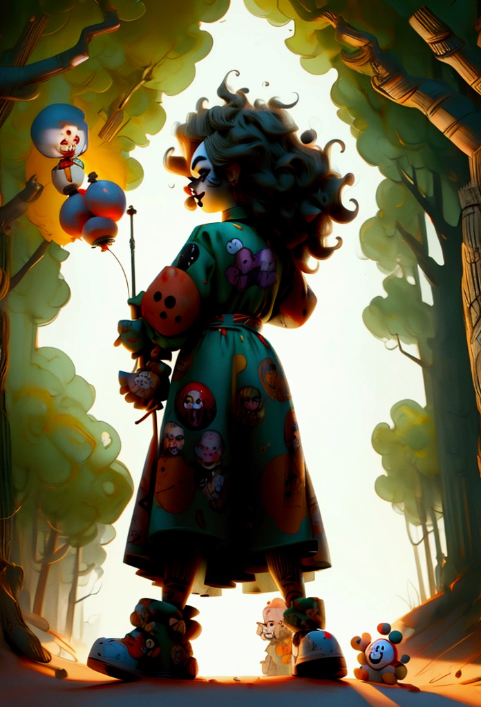 3 crazy mean clowns holding pitchforks, garbage pail kids style)), in the woods, 3d cartoon, high quality, detailed,