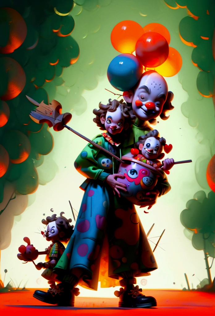 3 crazy mean clowns holding pitchforks, garbage pail kids style)), in the woods, 3d cartoon, high quality, detailed,