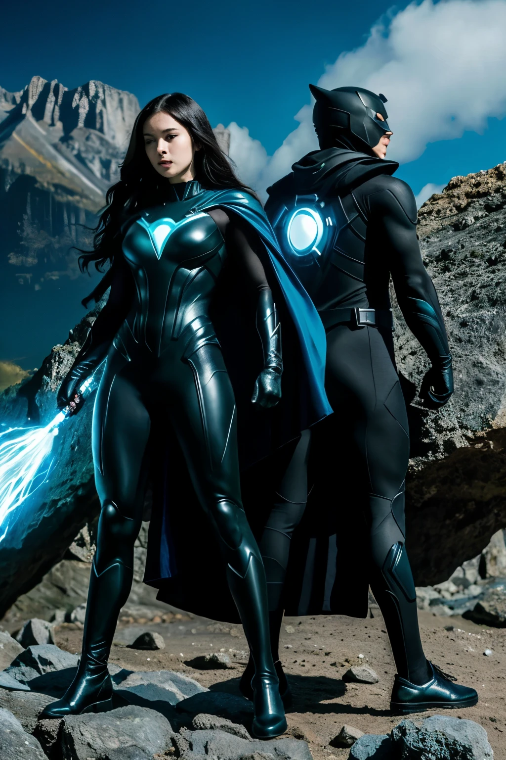 ((best quality)), ((masterpiece)), (detailed), anime man and woman back to back wearing matching black superhero suits with no insignia, man has blue glowing eyes, woman has green glowing eyes, womans hand is controlling levitating rocks