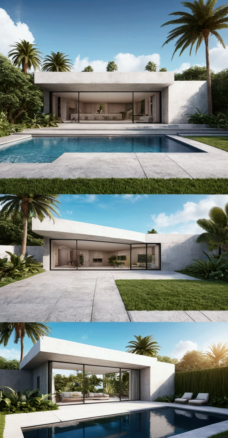 Create a highly detailed, photorealistic image of a single-story modern house from two different perspectives. One perspective should show the imposing front facade with a glass door, concrete walls, and a white wood facade, surrounded by palm trees and plants with a beautiful sky in the background. The other perspective should depict the backyard area with a swimming pool. Ensure the image is in 8K quality with sharp focus, capturing both views in one cohesive representation