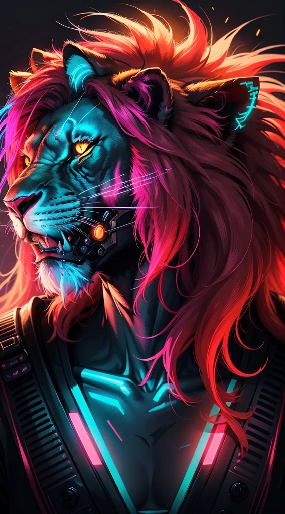 Head of 1 neon lion with colorful red and blue mane, cyberpunk neon
