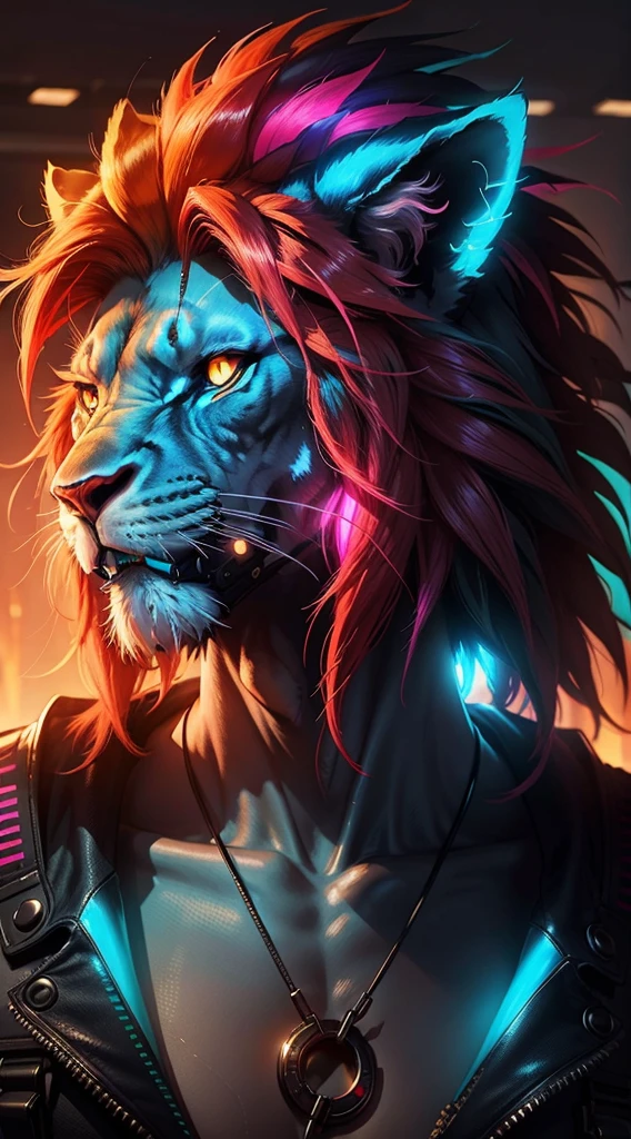 Head of 1 neon lion with colorful red and blue mane, cyberpunk neon