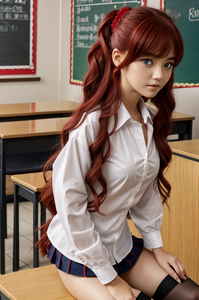 1 girl, 25 years, Akizuki Airi, blue eyes, rubio_hair, two tails, very_long_hair, she is wearing it in her hair_red ornament, hair_red scrunchie, half_old, Akizuki Airi, blue eyes,rubio_hair, two tails, very_long_hair, she is wearing it in her hair_red ornament, hair_red scrunchie, half_old, , White shirt, red pleated mini skirt, black stockings, Session, school, classroom, classification: explicit,