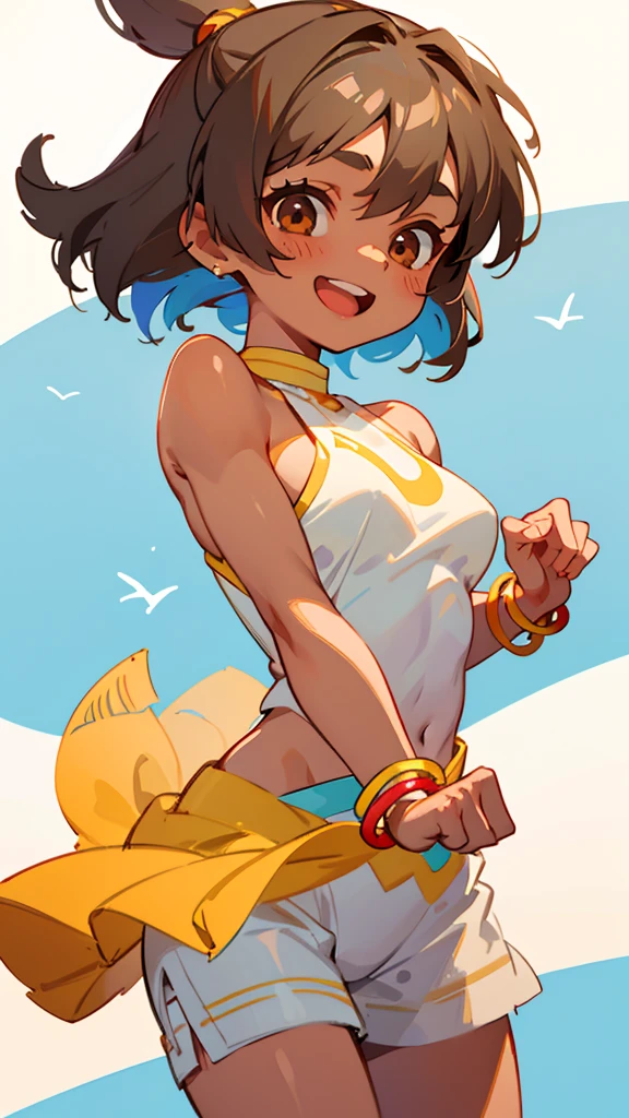 1 girl、Shortcuts、Gray Hair、She is 16 years old、Brown Skin、Wearing a white bikini、Beautiful brown eyes、Lean and muscular body、barefoot、Colorful Bracelets、Colorful anklets、Laugh brightly、Dance cheerfully、Upper body close-up