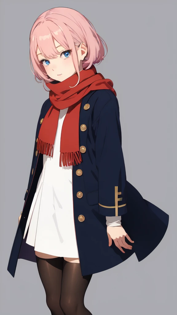 Full length anime girl, White background. young girl, With a cute face, large bright blue eyes and light smooth skin. She has pink hair, collected in a neat hairstyle, with small stray strands. The girl is dressed in a blue winter coat and a red scarf with black veins. The girl's mood is joy, she smiles, creating an atmosphere of warmth and friendliness. Pay attention to the details of clothing and accessories, emphasizing her style and individuality.
