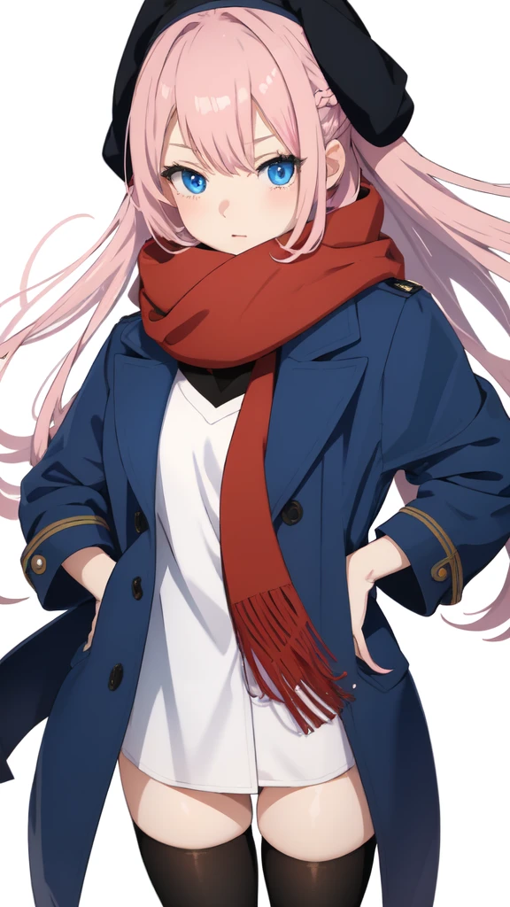 Full length anime girl, White background. young girl, With a cute face, large bright blue eyes and light smooth skin. She has pink hair, collected in a neat hairstyle, with small stray strands. The girl is dressed in a blue winter coat and a red scarf with black veins. The girl's mood is joy, she smiles, creating an atmosphere of warmth and friendliness. Pay attention to the details of clothing and accessories, emphasizing her style and individuality.