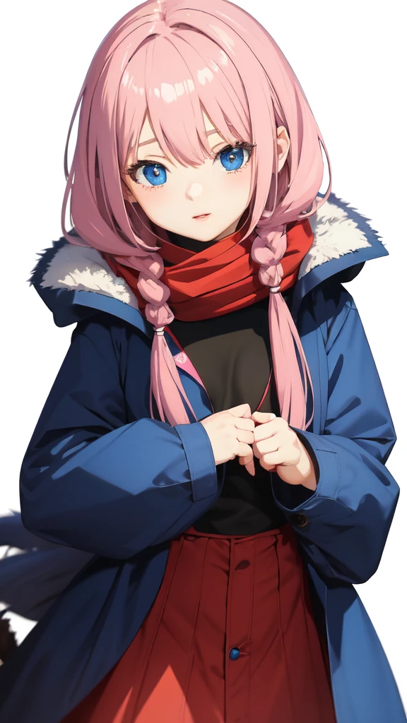 Full length anime girl, White background. young girl, With a cute face, large bright blue eyes and light smooth skin. She has pink hair, collected in a neat hairstyle, with small stray strands. The girl is dressed in a blue winter coat and a red scarf with black veins. The girl's mood is joy, she smiles, creating an atmosphere of warmth and friendliness. Pay attention to the details of clothing and accessories, emphasizing her style and individuality.