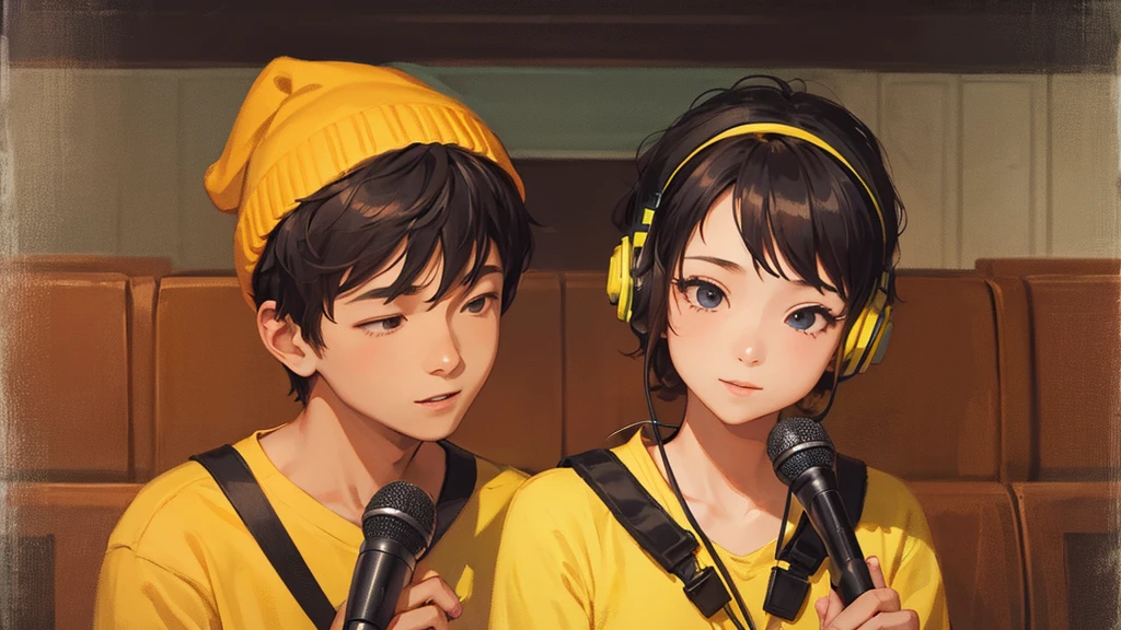 2 people, girl and boy back to each other, the girl is wearing head phone and sit in front of a microphone, the boy is painting
