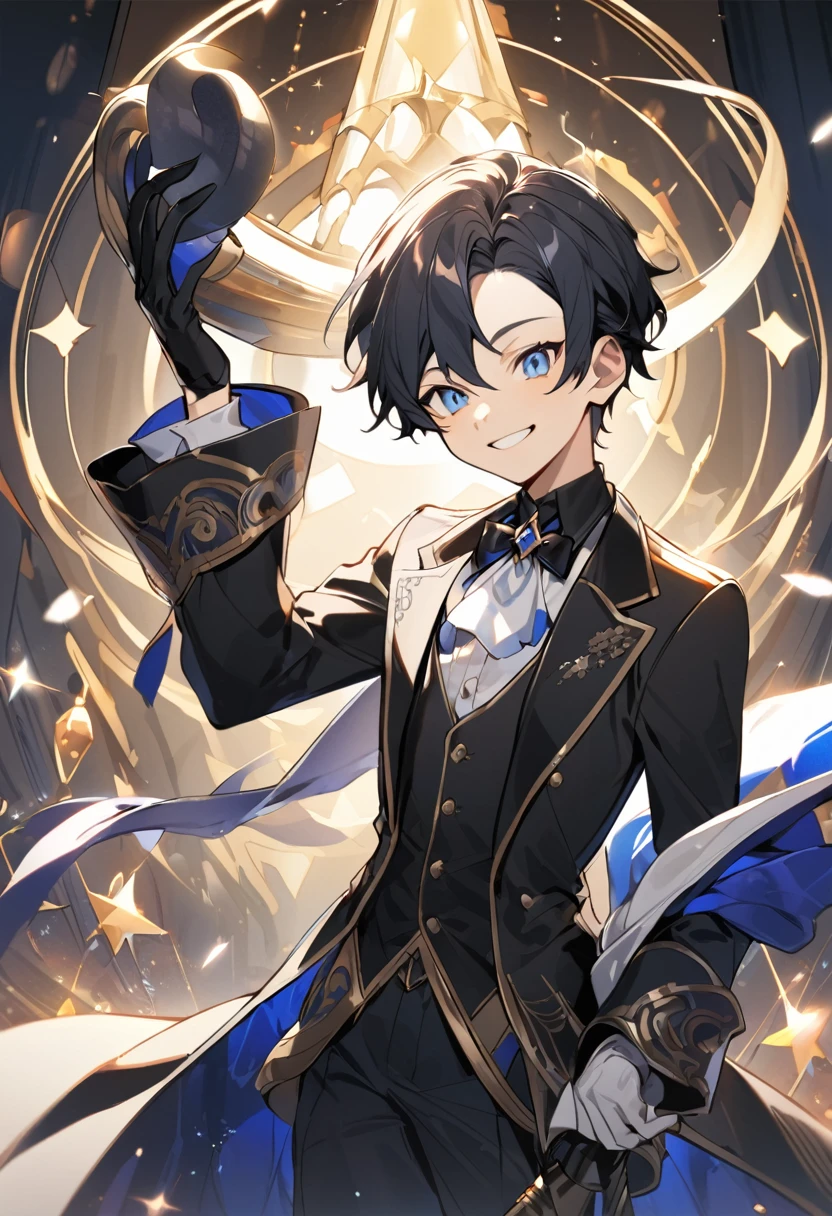 Prince, 1 eleven year old boy, black fur, blue eyes. black suit. smile, he is a magician