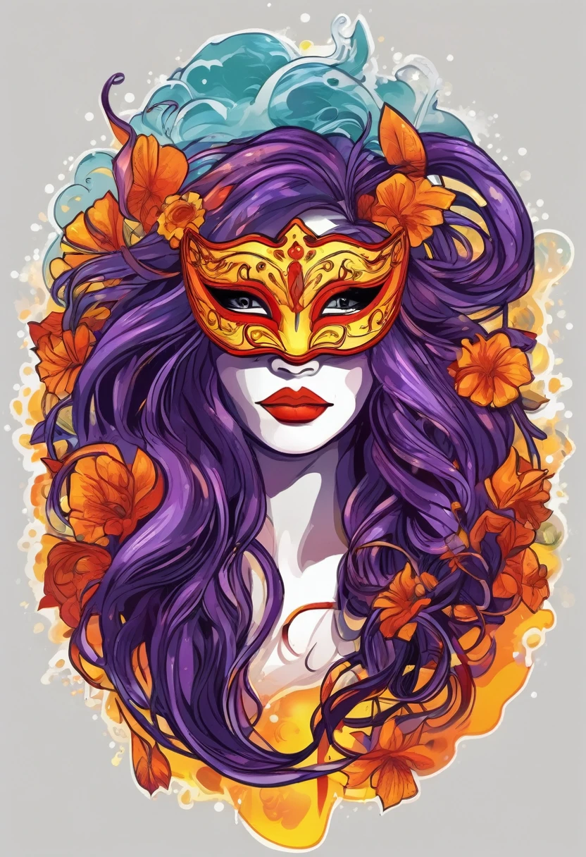 t shirt design, sticker, a masquerade mask and long braided purple hair in a dark room in the style of dark oranges reds and yellows, bottom of ocean, white background 