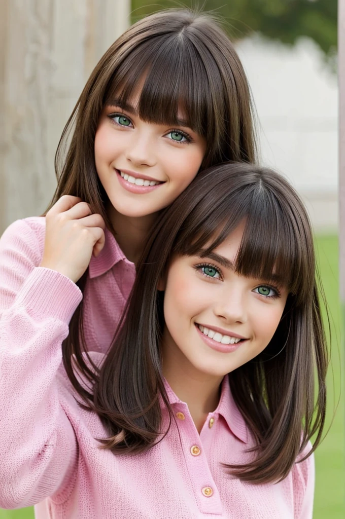 Beautiful brunette girl, bangs, green eyes, beautiful big smile, smiling, head and shoulders, pink polo sweater, really happy