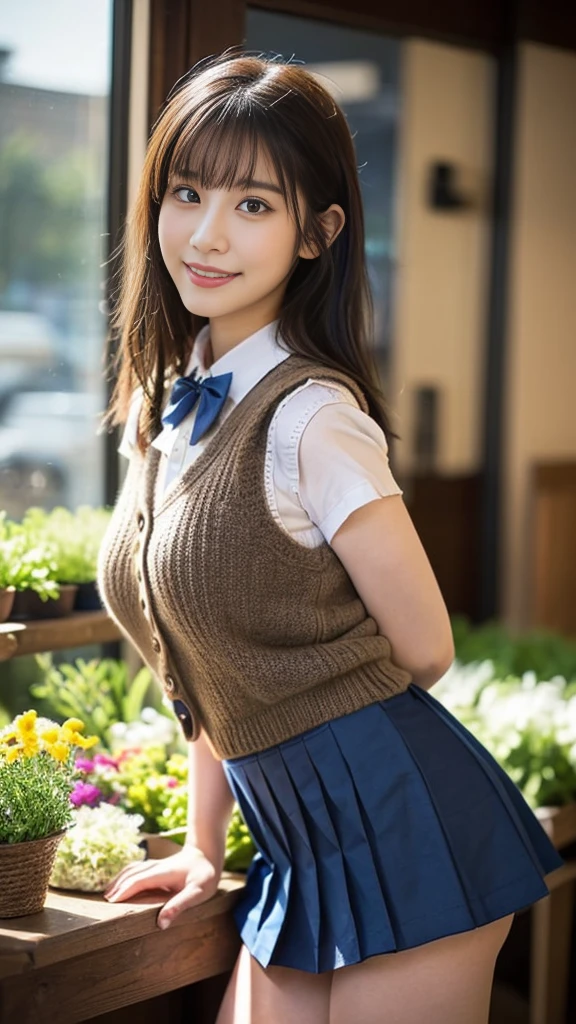 (masterpiece:1.2, Highest quality), (Realistic, photoRealistic:1.4), Beautiful illustrations, (Natural Side Lighting, Cinema Lighting), Written boundary depth, 
Looking at the audience, Front view, 1 girl, English, high school girl, 18-year-old korean girl, Perfect Face, Symmetrical cute face, Glowing Skin, Leg spread,
(Bob Hair), Asymmetrical bangs, (Big eyes, Droopy big eyes:1.15), long eyelashes chest, thin, 
Beautiful Hair, Beautiful Face, Beautiful and beautiful eyes, Beautiful clavicle, Beautiful body, Beautiful breasts, Beautiful thighs, Beautiful legs, Beautiful fingers, 
((Quality fabric texture, Brown knitted vest, Short sleeve white collar shirt, Navy Pleated Skirt, Navy bow tie)), 
(Beautiful views), evening, (Inside the flower shop), Are standing, (smile, Superior, Open your mouth),  (((Skirt Lift, sexy_panties, Genitals are visible))), Full Body Shot, Dark blue socks,