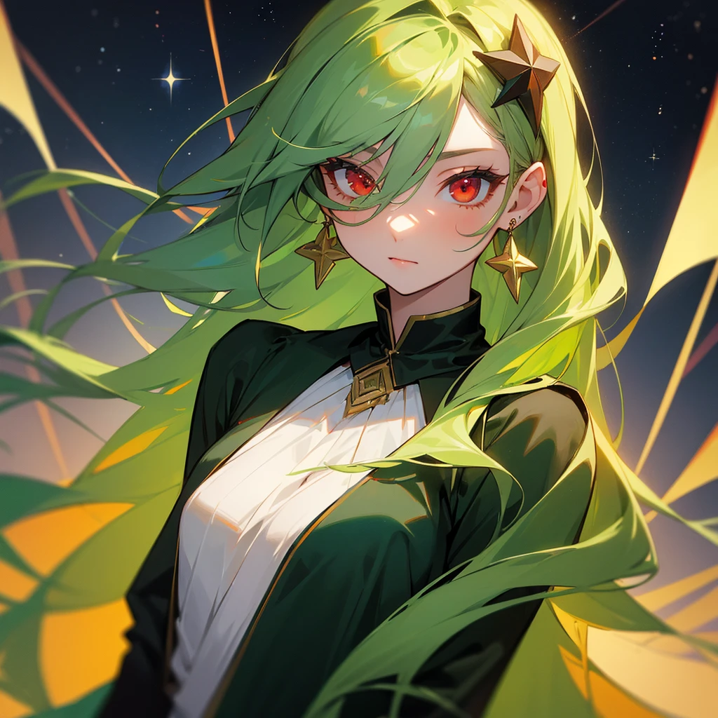 (masterpiece, best quality:1.2),solo,1girl,averting_eyes,earrings,hair_between_eyes,hair_ornament,jewelry,long_hair, earrings, Green_Hair, Red_Eyes, Pretty_Girl, Stars, full_body.