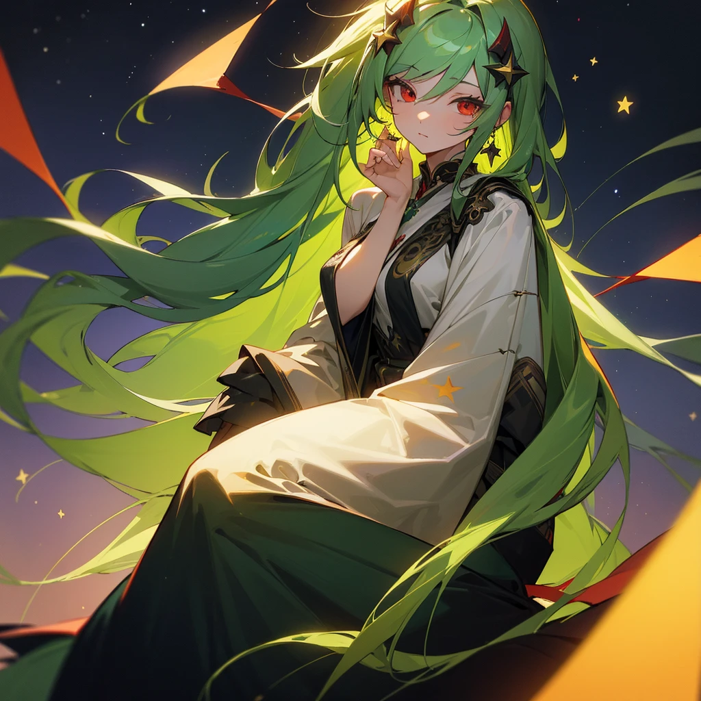 (masterpiece, best quality:1.2),solo,1girl,averting_eyes,earrings,hair_between_eyes,hair_ornament,jewelry,long_hair, earrings, Green_Hair, Red_Eyes, Pretty_Girl, Stars, full_body.