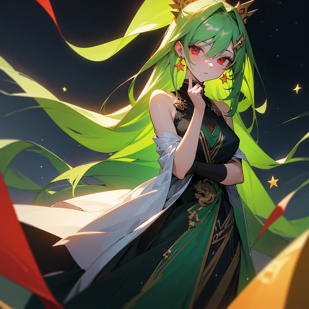 (masterpiece, best quality:1.2),solo,1girl,averting_eyes,earrings,hair_between_eyes,hair_ornament,jewelry,long_hair, earrings, Green_Hair, Red_Eyes, Pretty_Girl, Stars, full_body.
