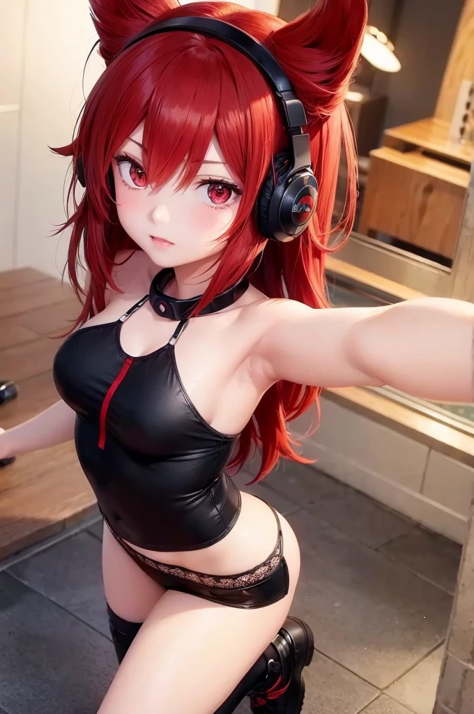 girl anime, 15 years, selfie, head-set, music, red eyes, red hair, angry, fire background