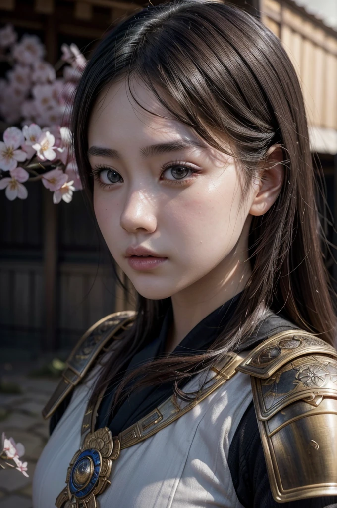 1girl, japanese samurai armor, 18 year old girl, beautiful detailed eyes, beautiful detailed lips, extremely detailed face, long eyelashes, detailed ornate samurai armor, dynamic samurai pose, cherry blossom petals, cinematic lighting, dramatic shadows, vibrant colors, (best quality,4k,8k,highres,masterpiece:1.2),ultra-detailed,(realistic,photorealistic,photo-realistic:1.37),concept art
