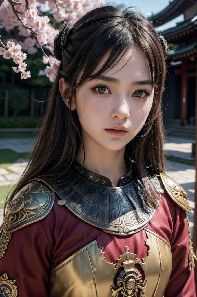 1girl, japanese samurai armor, 18 year old girl, beautiful detailed eyes, beautiful detailed lips, extremely detailed face, long eyelashes, detailed ornate samurai armor, dynamic samurai pose, cherry blossom petals, cinematic lighting, dramatic shadows, vibrant colors, (best quality,4k,8k,highres,masterpiece:1.2),ultra-detailed,(realistic,photorealistic,photo-realistic:1.37),concept art
