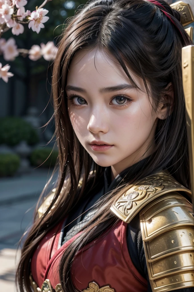 1girl, japanese samurai armor, 18 year old girl, beautiful detailed eyes, beautiful detailed lips, extremely detailed face, long eyelashes, detailed ornate samurai armor, dynamic samurai pose, cherry blossom petals, cinematic lighting, dramatic shadows, vibrant colors, (best quality,4k,8k,highres,masterpiece:1.2),ultra-detailed,(realistic,photorealistic,photo-realistic:1.37),concept art