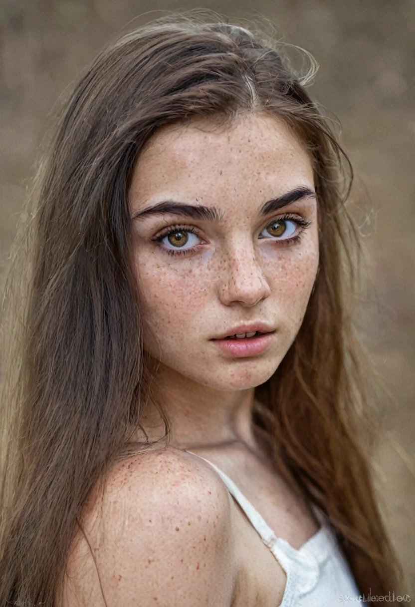 beautiful young girl, long brown hair, amber eyes, freckles on the nose and cheekbones, thick lips, thick black eyebrows