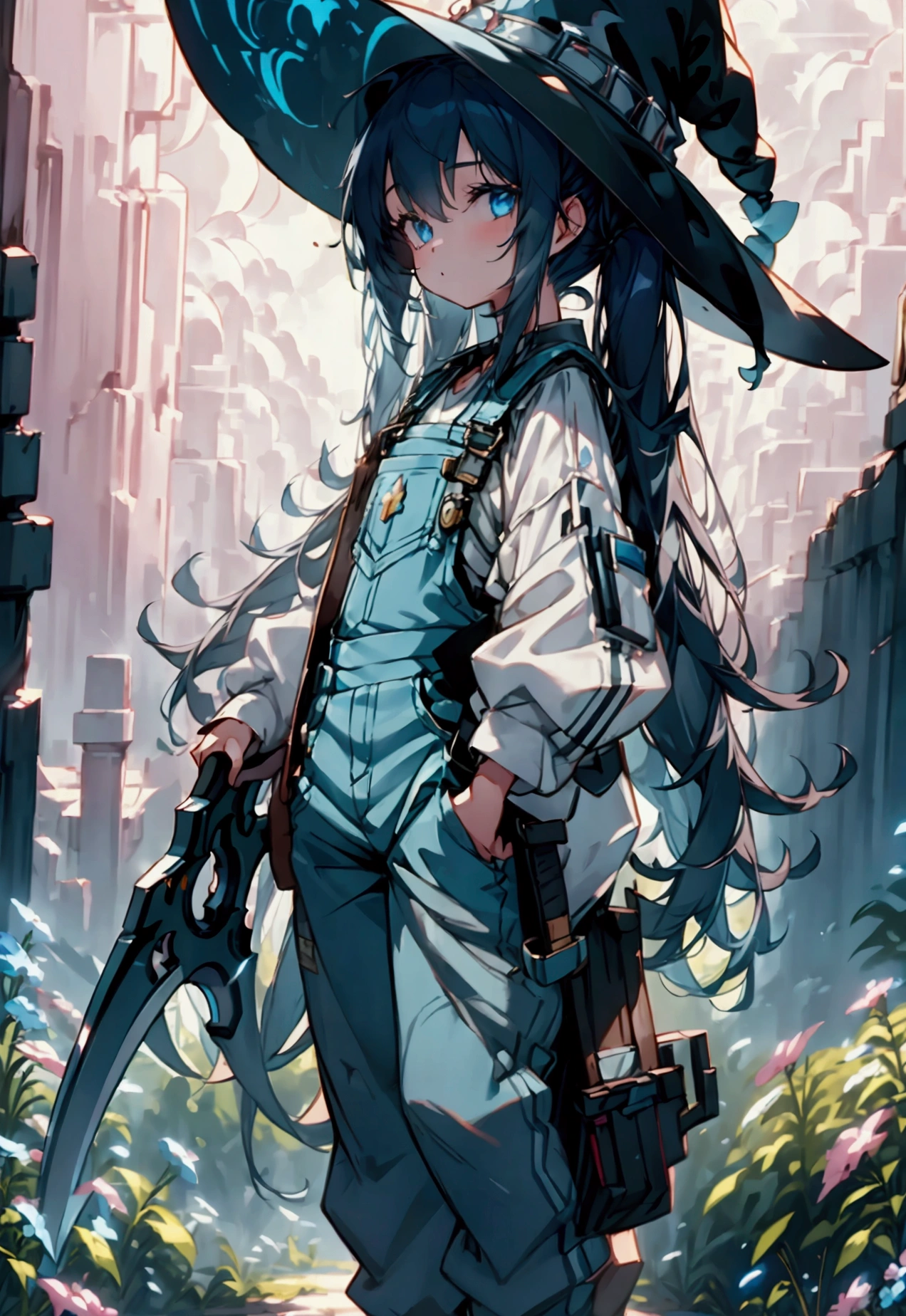 a girl with twin tails wearing a white shirt + blue overalls, witch hat, holding a sci-fi scythe, standing in ancient ruins surrounded by flowers, intricate details, cinematic lighting, fantasy, anime style, 8k, high quality, dynamic scene
