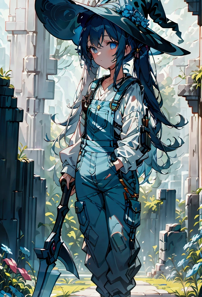 a girl with twin tails wearing a white shirt + blue overalls, witch hat, holding a sci-fi scythe, standing in ancient ruins surrounded by flowers, intricate details, cinematic lighting, fantasy, anime style, 8k, high quality, dynamic scene