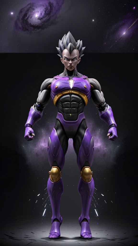 Create a digital artwork of a powerful, muscular vegeta character with, robotic suit. The character should have an intimidating, fierce appearance with a sleek, purple and black color scheme. The character is surrounded by swirling energy effects that match the purple theme. The background should be dark with a cosmic, space-like ambiance. The character should be in a dynamic pose, suggesting motion and power. --v 6 --ar 1:1 --no 3601
