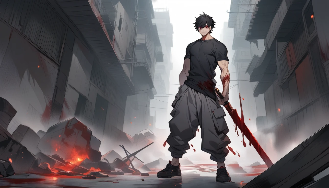Sasae Hatsushimi. is a young man with messy, shoulder-length black hair that partially hangs in front of his face and half-opened blood-red eyes. With a cool and cold face with a strong gaze. he has a moderate athletic build, and His attire consists of a tight-fitting black shirt, sports tan baggy pants with a tool belt casually around his waist, and black boots