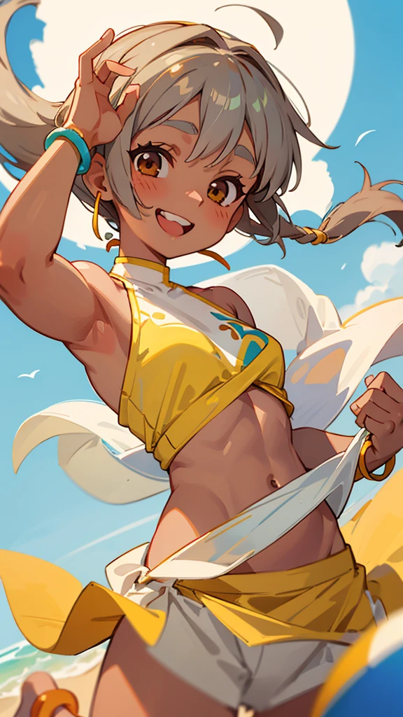 1 girl、Shortcuts、Gray Hair、She is 、Brown Skin、Wearing a white bikini、Beautiful brown eyes、Lean and muscular body、barefoot、Colorful Bracelets、Colorful anklets、Laugh brightly、Dance cheerfully、Upper body close-up