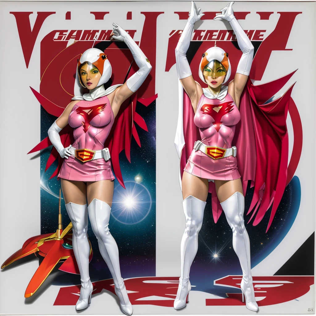 ANI_CLASSIC_jun_gatchaman_ownwaifu,1girl, ,good anatomy, masterpiece, best quality,realistic, hyperrealistic, 16k hdr,breasts,green eyes,lips,large breasts,lipstick,makeup,gloves,cape,helmet,belt,elbow gloves,white gloves,mask,ultra miniskirt,leotard,spacesuit,white tight overknee highheels boots,pink dress,superhero,bodysuit,cleavage,erected nipples,((standing pose,spread legs, arms up straight)),cameltoe