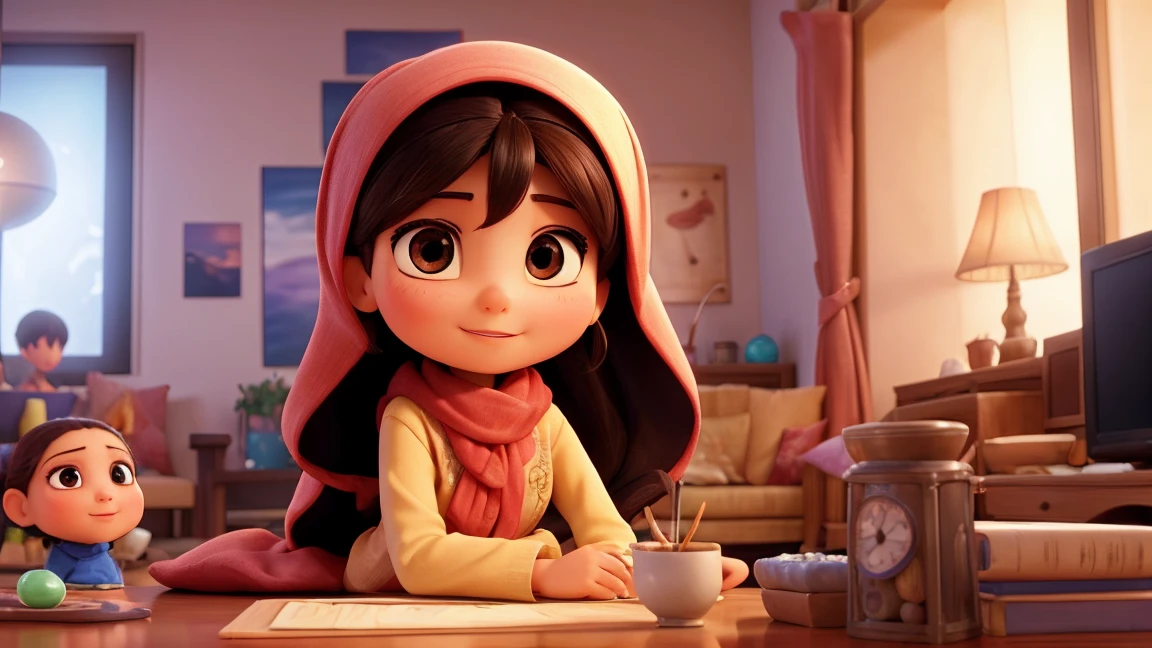 arabic girl with her family,watching tv, regarder la television , un film, watching movie, by night,coveredhead,modern Hijab wear,Round face,elaborate brown eyes,Elaborate enchanting lips,charmer smile,extremely detaild,expressive facial expression,side view, girl in a the livingroom,modern architecture design,Optics,paisagem serena,a moment of pure relaxation,swirly vibrant colors,soft, natural lighting,smooth bokeh effect,oil painting style,Romantic Inspiration,exceptional clarity and sharpness PIXAR style