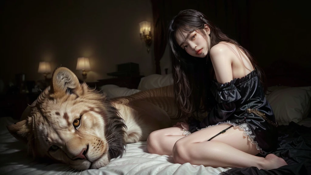 araffe her hair falling down her back sitting on a bed in a sexy victorian dress with a stuffed lion and a woman, trending on cgstation, ruan jia and artgerm, trending at cgstation, attractive cat girl, artgerm and ruan jia, attractive pose, & jeehyung lee & wlop, masayoshi suto and artgerm, gorgeous chinese model, realistic. cheng yi