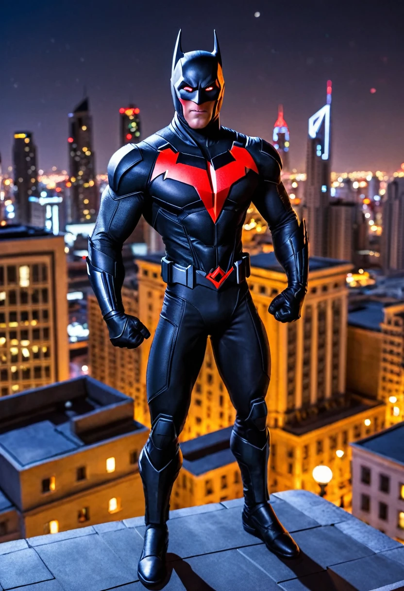 Batman-Beyond, looking at viewer, serious, standing, hands on hips, outside, building roof, cityscape, night, extreme details, masterpiece, full body photo.
