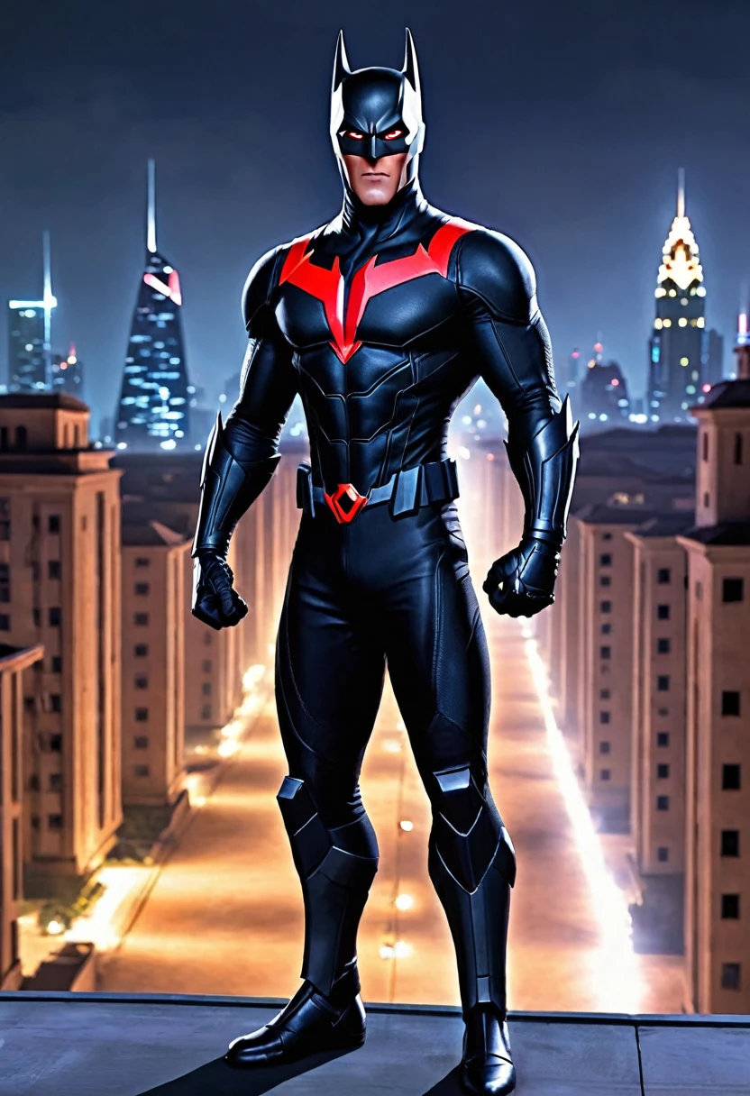Batman-Beyond, looking at viewer, serious, standing, hands on hips, outside, building roof, cityscape, night, extreme details, masterpiece, full body photo.