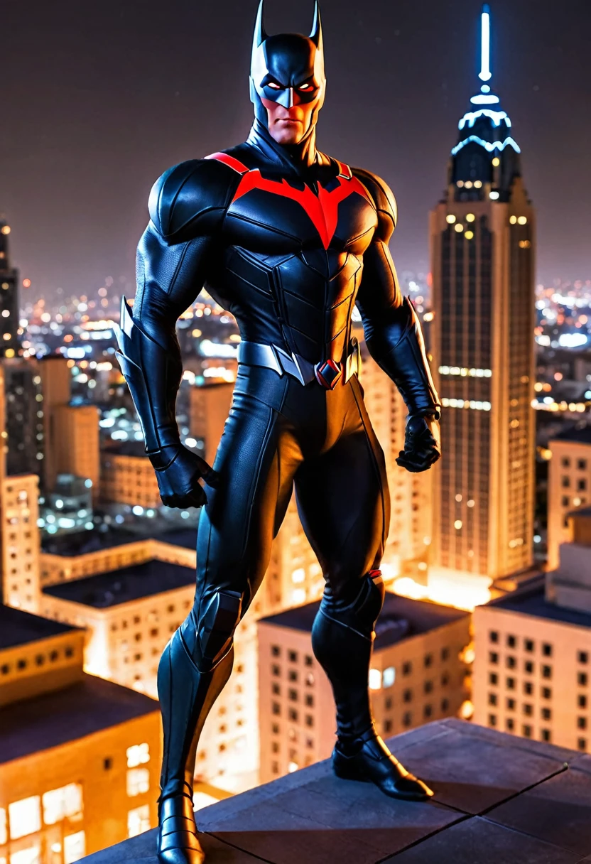 Batman-Beyond, looking at viewer, serious, standing, hands on hips, outside, building roof, cityscape, night, extreme details, masterpiece, full body photo.