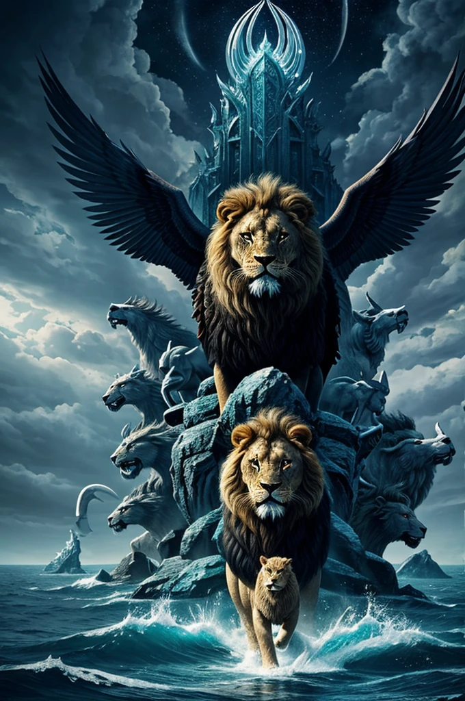 ⁶ And before the throne there was a sea of glass like unto crystal: and in the midst of the throne, and round about the throne, were four beasts full of eyes before and behind.
⁷ And the first beast was like a lion, and the second beast like a calf, and the third beast had a face as a man, and the fourth beast was like a flying eagle.