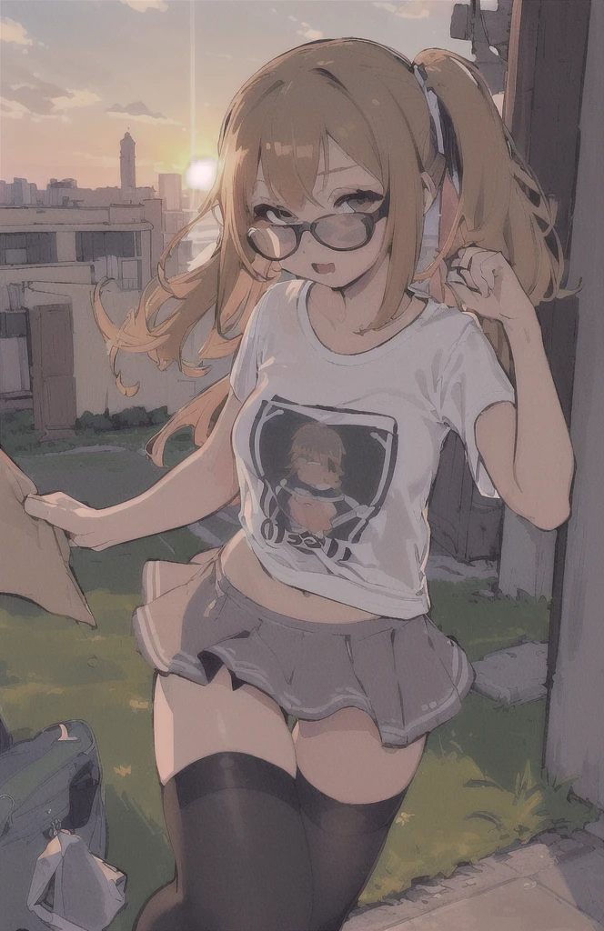 (((best quality)), ((ultra detailed)), ((masterpiece)), illustration,(oasis)
Girl, 18 year old woman, medium breasts, T-shirt mojada, clear skin, grabbing hair, with square lenses, look forward, Sunset, T-shirt, mini skirt, thigh high stockings.