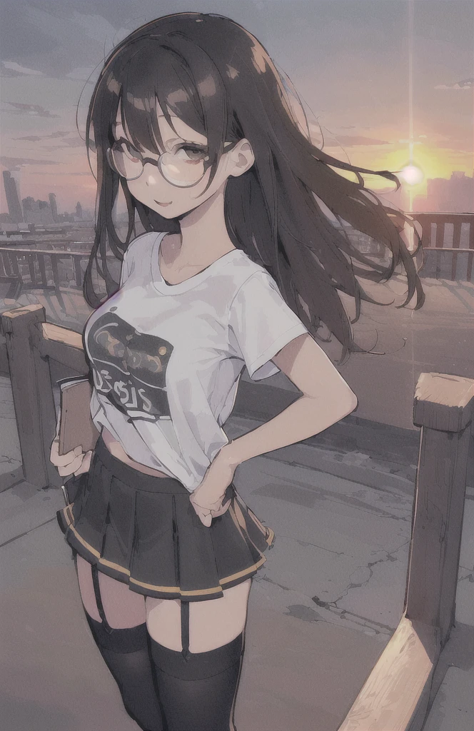 (((best quality)), ((ultra detailed)), ((masterpiece)), illustration,(oasis)
Girl, 18 year old woman, medium breasts, T-shirt mojada, clear skin, grabbing hair, with square lenses, look forward, Sunset, T-shirt, mini skirt, thigh high stockings.